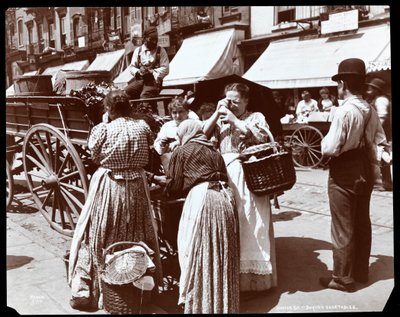 View of Women Buying Vegetables and Inspecting Eggs, from a Peddler on Hester Street, New York, 1898 by Byron Company